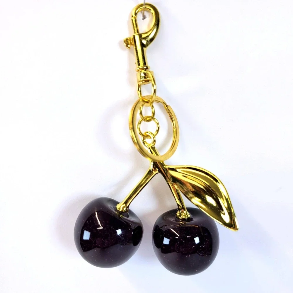 Cherry Bag Charm Glitter Resin Gold Hardware Dark Purple Womens Goth Whimsical
